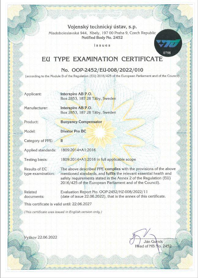 Divator Pro BC CE certificate