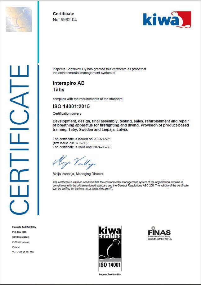 Interspiro ISO 14001 Certificate