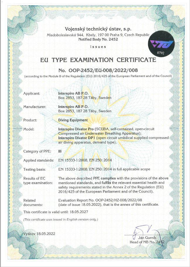 Divator Pro SCUBA & DP1 Certificate