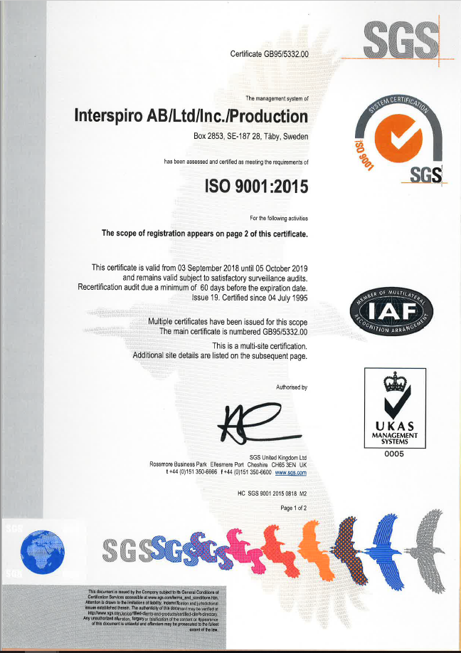 Interspiro ISO 9001:2015 Certificate