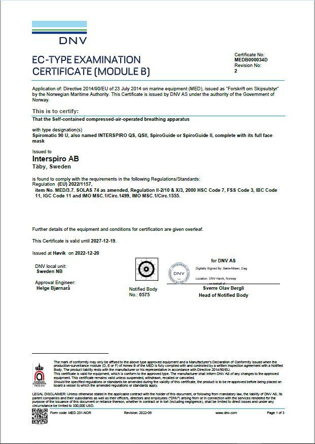 SCBA Marine Equipment Directive Module B Certificate